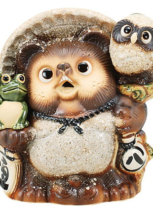 Figurina Ceramica Japoneza, Tanuki Shigaraki cu Bufnita si Broasca, 25 cm