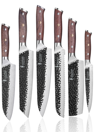 Set de 8 Cutite Premium Damascus cu Manere din Lemn de Nuc