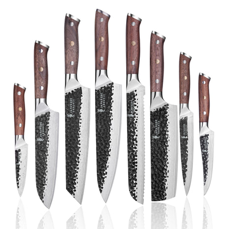 Set de 8 Cutite Premium Damascus cu Manere din Lemn de Nuc