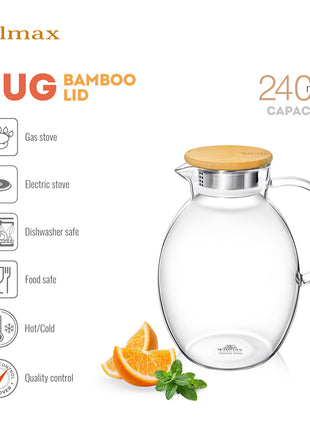 Carafa Termorezistenta din Sticla Borosilicata cu Capac din Bambus, 2400 ml