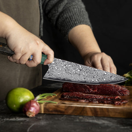 Cutit de Bucatar 21.5 cm din Otel Damasc cu Maner Rasina Multicolor