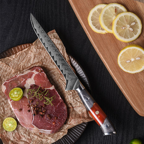 Cutit de Dezosat 14 cm din Otel Damasc cu Maner din Rasina Epoxidica si Lemn Stabilizat