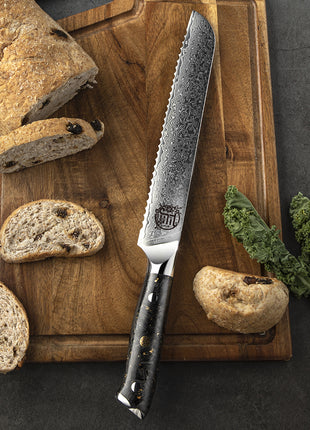 Cutit pentru Paine 21 cm din Otel Damasc cu Maner Aspect de Fibra de Carbon si Folie Aurie