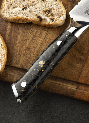 Cutit pentru Paine 21 cm din Otel Damasc cu Maner Aspect de Fibra de Carbon si Folie Aurie