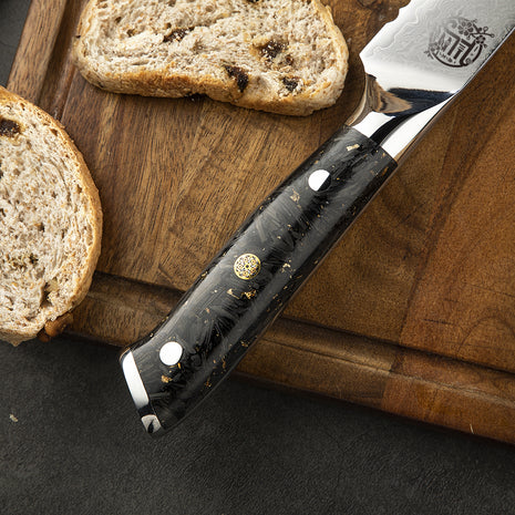 Cutit pentru Paine 21 cm din Otel Damasc cu Maner Aspect de Fibra de Carbon si Folie Aurie