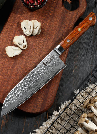 Cutit Santoku 18.5 cm din Otel Damasc cu Maner Rosewood