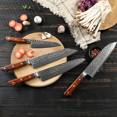 Set 4 Cutite din Otel Damasc cu Maner Lemn de Trandafir