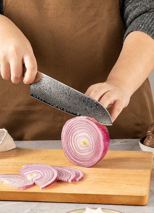 Cutit Santoku 18 cm din Otel Damasc cu Maner Negru Turcoaz