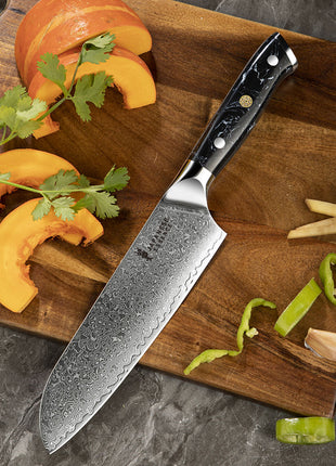 Cutit Santoku 18 cm din Otel Damasc cu Maner Negru Turcoaz