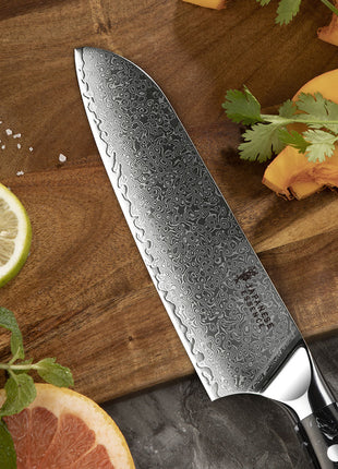 Cutit Santoku 18 cm din Otel Damasc cu Maner Negru Turcoaz
