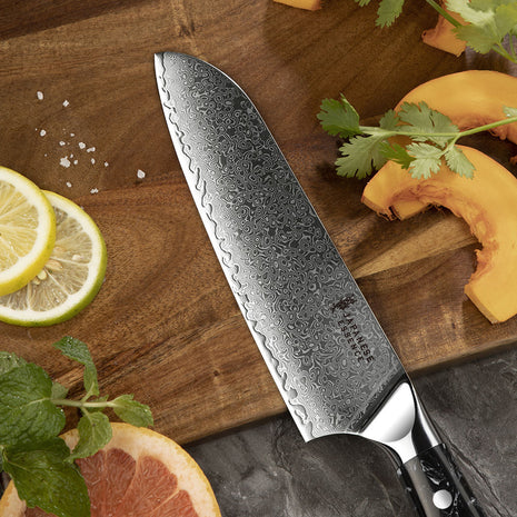 Cutit Santoku 18 cm din Otel Damasc cu Maner Negru Turcoaz