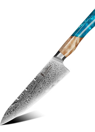Cutit de Bucatar 20 cm din Otel Damasc cu Maner din Lemn de Maslin si Accente Ocean Blue