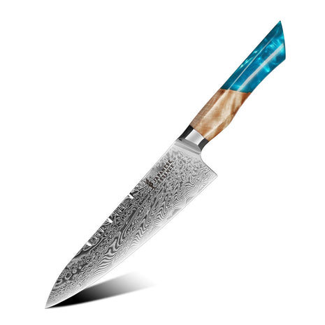 Cutit de Bucatar 20 cm din Otel Damasc cu Maner din Lemn de Maslin si Accente Ocean Blue