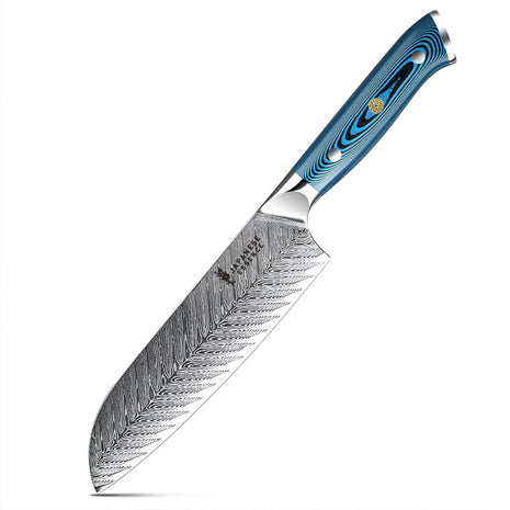 Cutit Santoku 18 cm din Otel Damasc cu Maner Blue Orbit