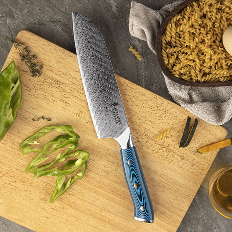 Cutit Santoku 18 cm din Otel Damasc cu Maner Blue Orbit