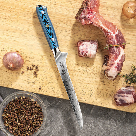 Cutit de Dezosat 15 cm din Otel Damasc cu Maner Lemn Pakka Albastru