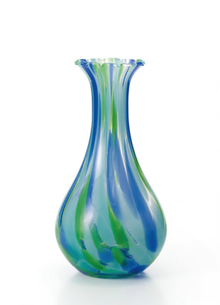 Vaza Lucrata Manual din Sticla Japoneza Kuchisubomari UMIIRO Albastru Verde, 28.5 cm
