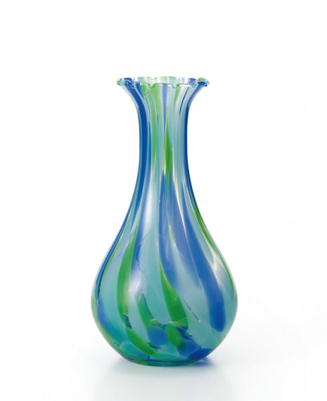 Vaza Lucrata Manual din Sticla Japoneza Kuchisubomari UMIIRO Albastru Verde, 28.5 cm