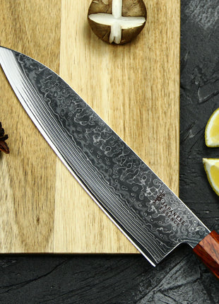 Cutit de Bucatar 21.5 cm din Otel Damasc cu Maner Kobunoki & Lemn de Abanos