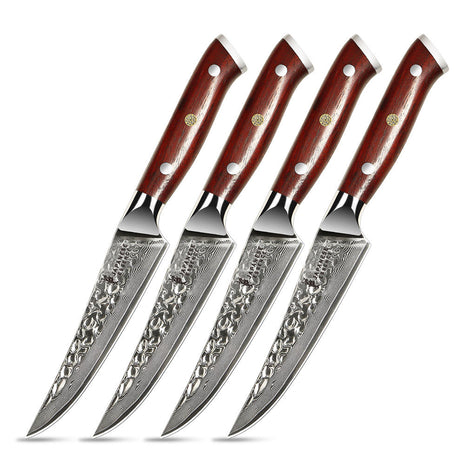 Set 4 Cutite de Steak 12 cm din Otel Damasc cu Manere din Lemn Rosewood