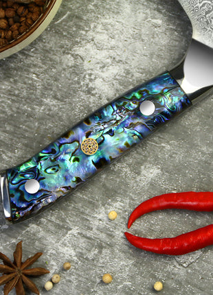Satar 19 cm din Otel Damasc cu maner cochilie de abalone