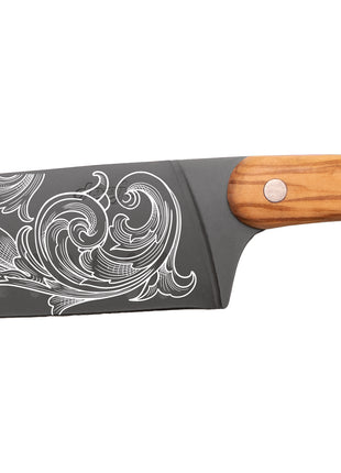 Cutit Santoku Floral 17 cm, Otel Inoxidabil, Maner din Lemn de Maslin