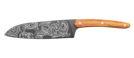 Cutit Santoku Floral 17 cm, Otel Inoxidabil, Maner din Lemn de Maslin