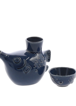 Set Japonez pentru Sake, Model Peste Fugu, Albastru