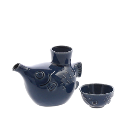 Set Japonez pentru Sake, Model Peste Fugu, Albastru