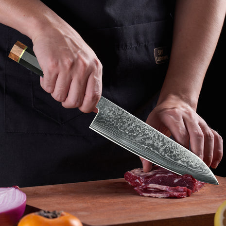 Cutit de Bucatar 21.5 cm din Otel Damasc cu Maner Kobunoki & Lemn de Abanos