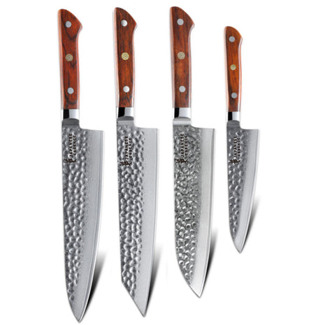 Set 4 Cutite din Otel Damasc cu Maner Lemn de Trandafir