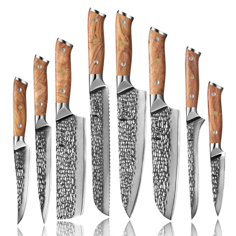 Set de 8 Cutite Premium Damascus cu Mânere din Lemn de Maslin