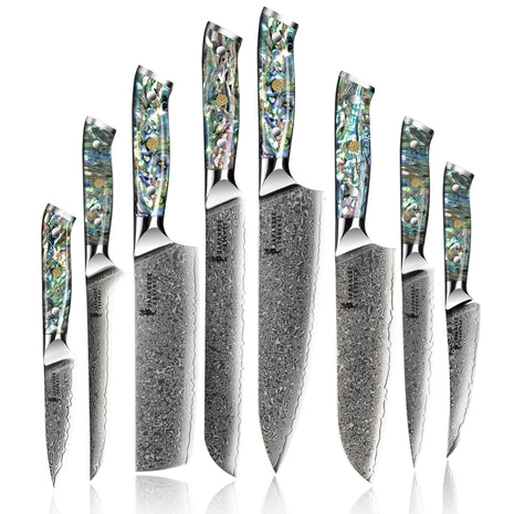 Set de 8 Cutite Premium Damascus cu Manere din Abalone si Rasina