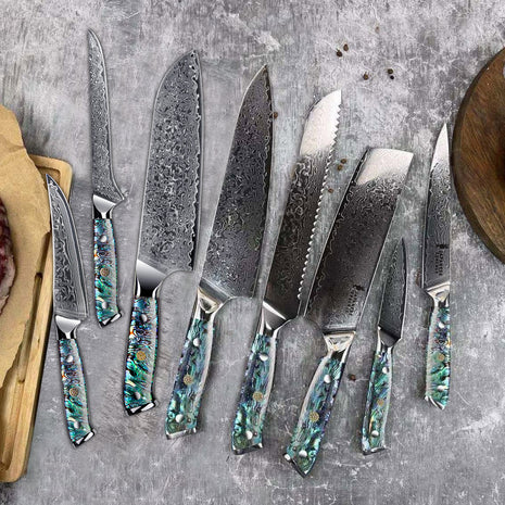 Set de 8 Cutite Premium Damascus cu Manere din Abalone si Rasina
