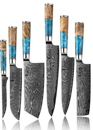 Set de 8 Cutite Premium Damascus cu Manere din Lemn Stabilizat si Rasina Albastra