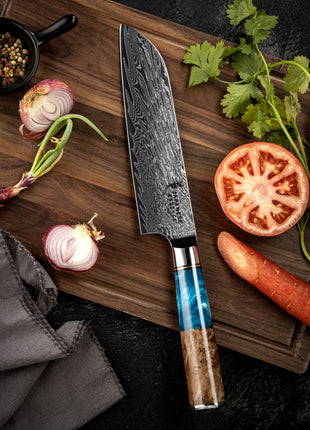 Set de 8 Cutite Premium Damascus cu Manere din Lemn Stabilizat si Rasina Albastra