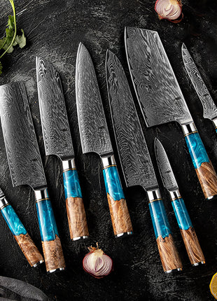 Set de 8 Cutite Premium Damascus cu Manere din Lemn Stabilizat si Rasina Albastra